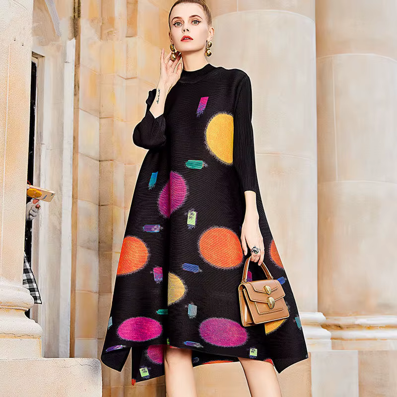 Robe longue plissée à imprimé coloré, ample, col mi-haut, coupe ample, légèrement extensible, nouvel