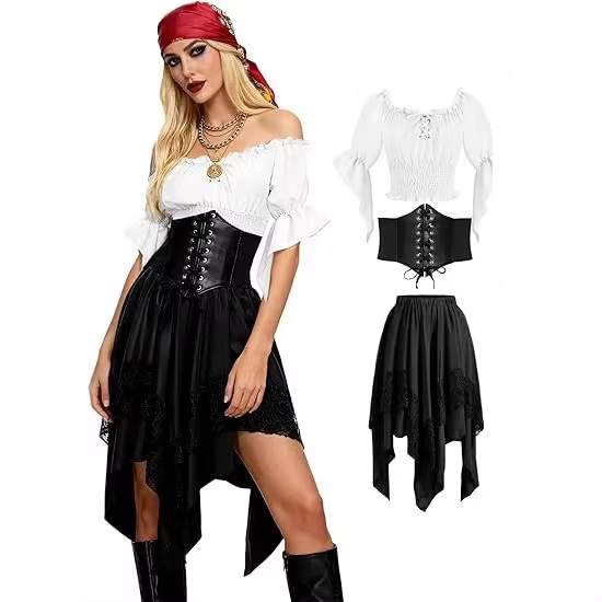 Jupe de pirate, robe de la Renaissance, costume de fée asymétrique pointu pour femme, haut de fermiè