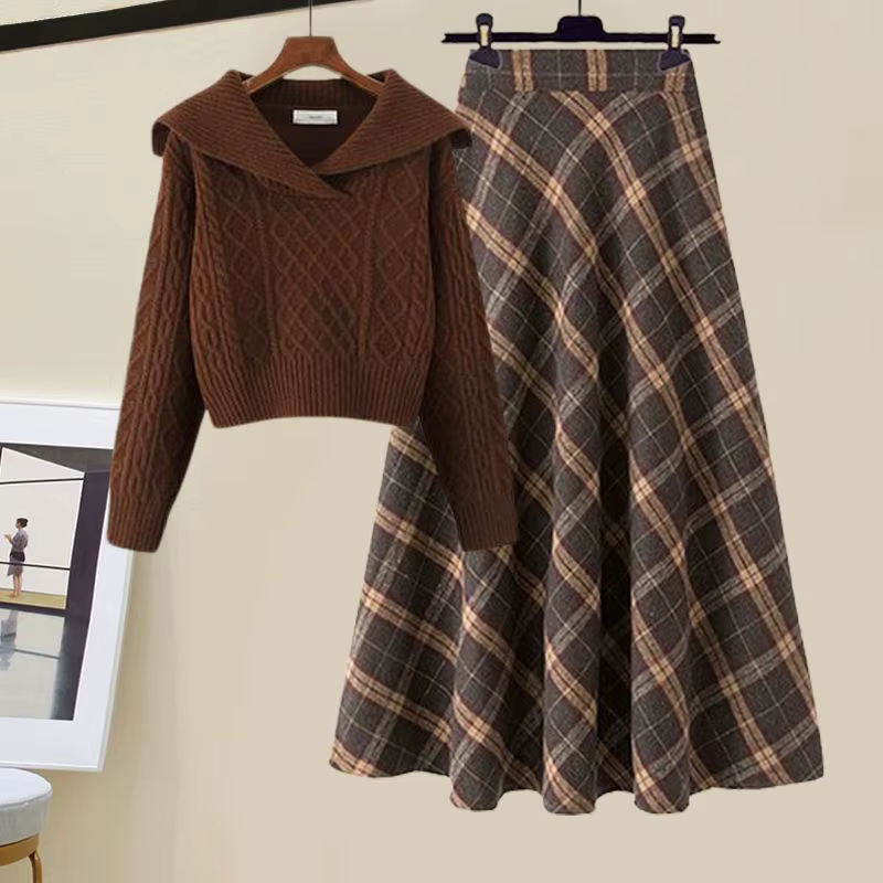 Ensemble élégant pull et jupe en tricot à carreaux pour femme, collection automne 2025 – Ensemble de