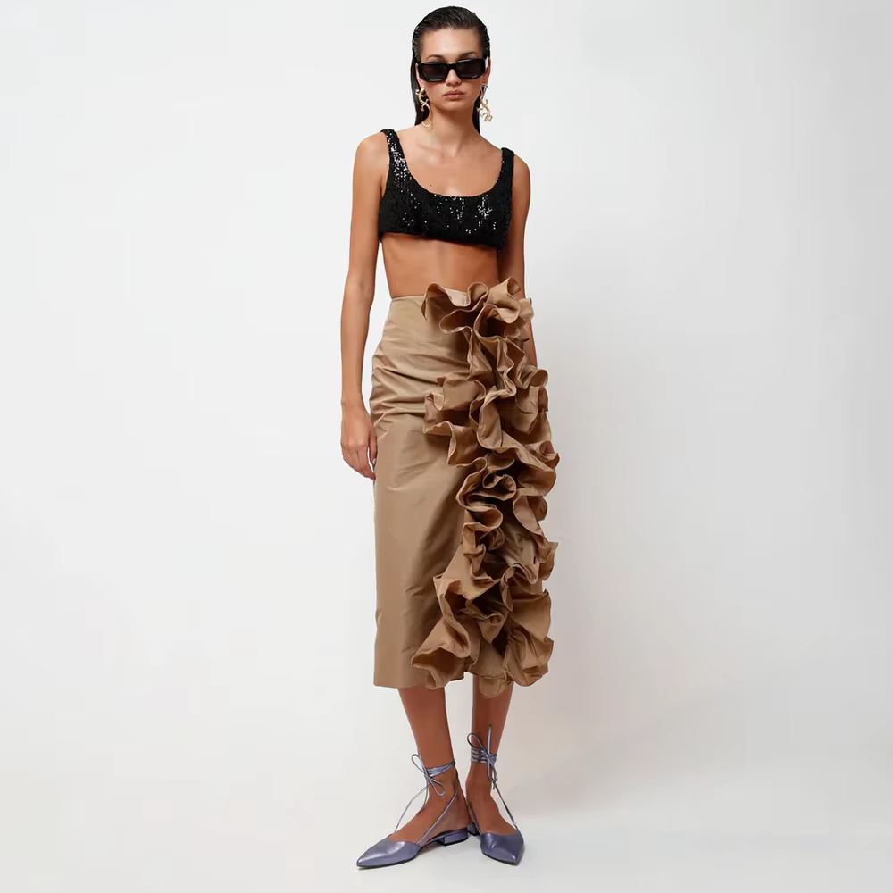 Jupe mi-longue en taffetas à volants pour femmes, design chic, taille haute, satin ingent, longueur