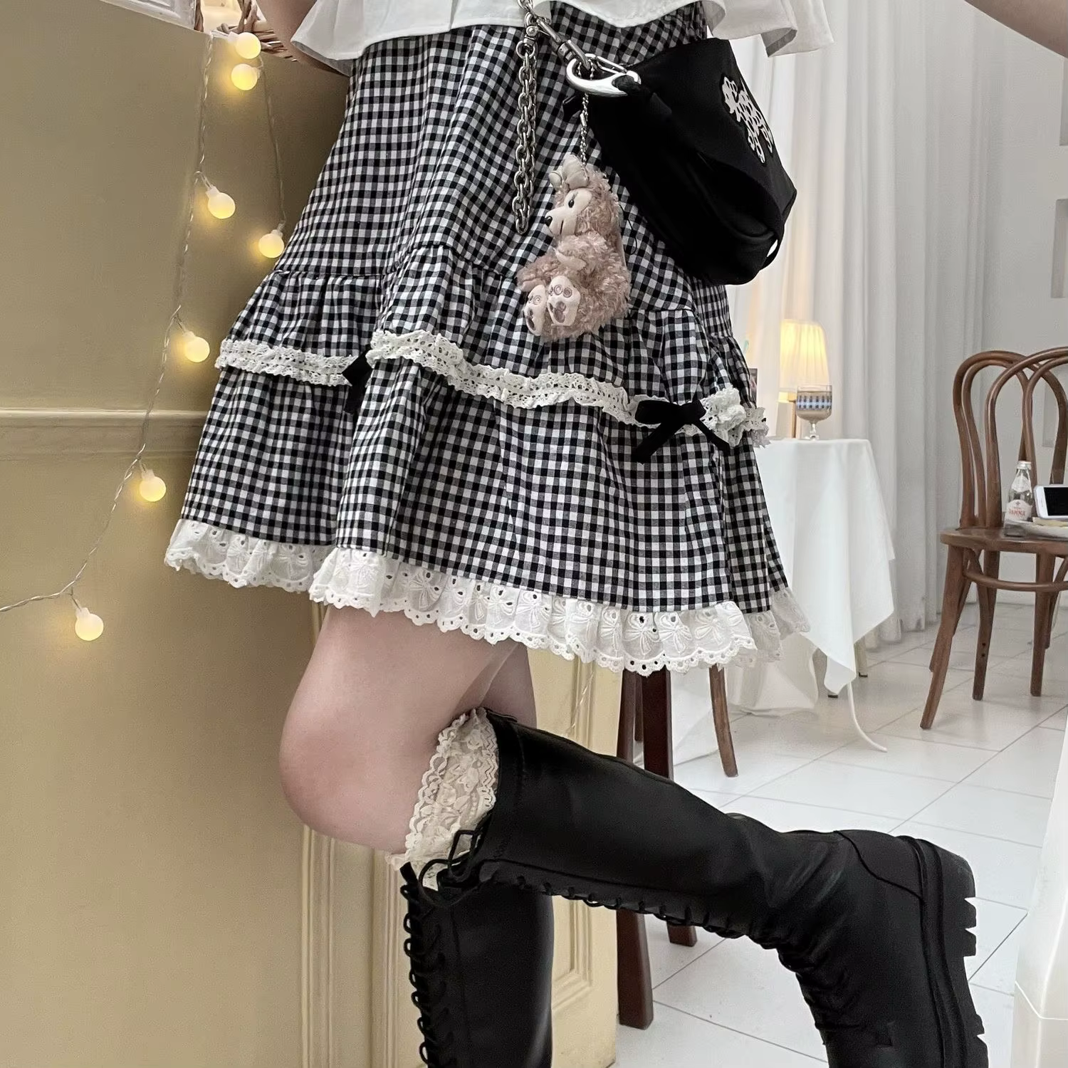 KOSAHISTOYLE-Jupe en dentelle à carreaux pour femmes, taille haute, robe de Rh, élégante, style japo