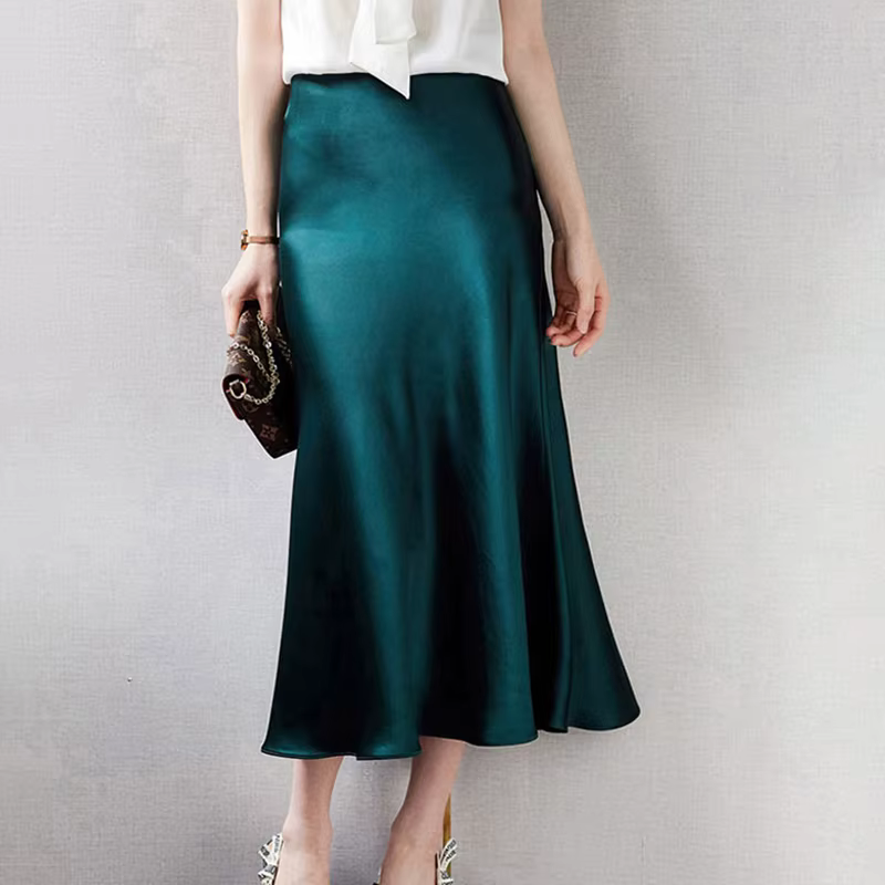 ZANZEA Jupes mi-longues élégantes en satin pour femmes, taille haute, couleur unie, jupe trapèze, ét