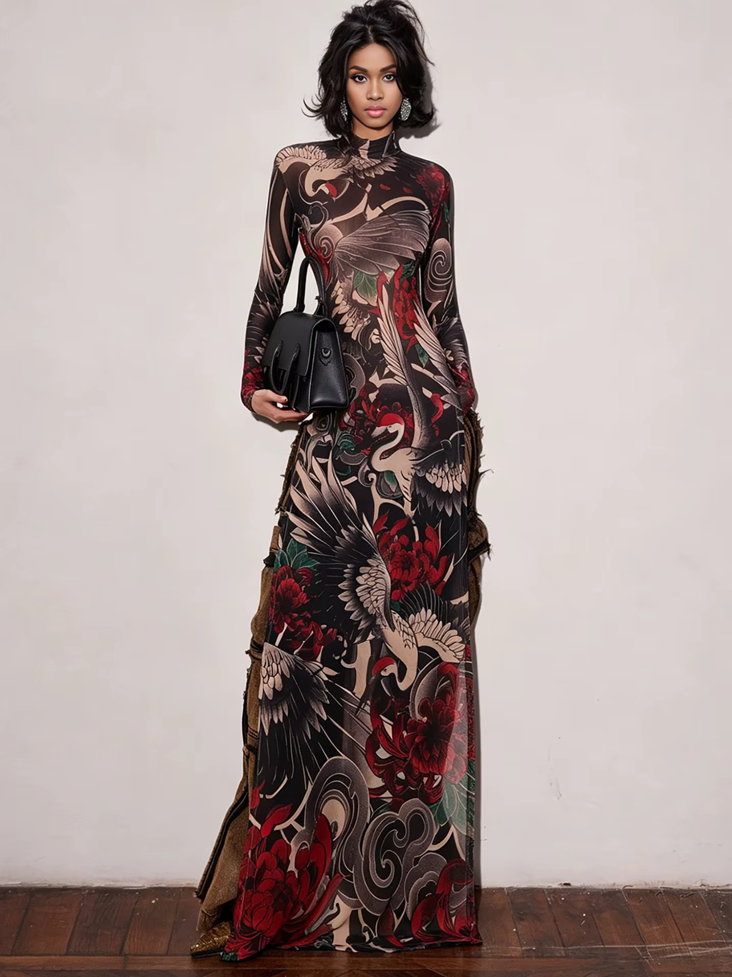Robe longue à imprimé coloré Kliou pour femme, col roulé, manches longues, taille haute, robe moulan