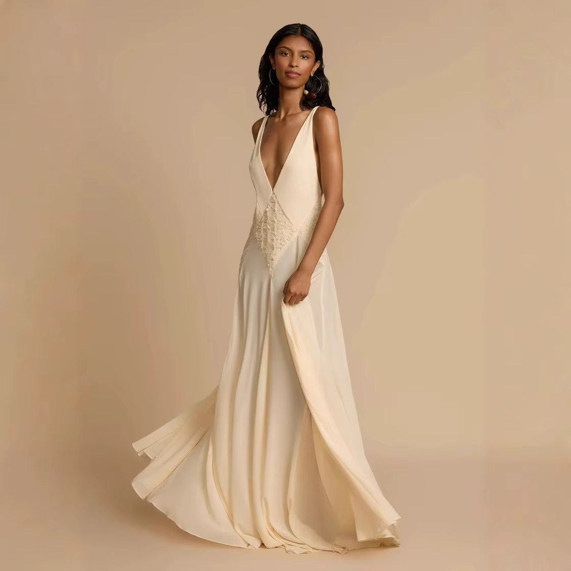 Robe longue Beige à bretelles, décolleté en v profond, à la taille, Simple, à la mode, tempérament é