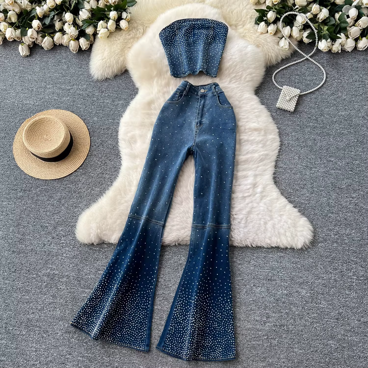 Ensemble chic 2 pièces pour femme : Blouse brodée en gaze à col en V et jupe longue taille haute éva