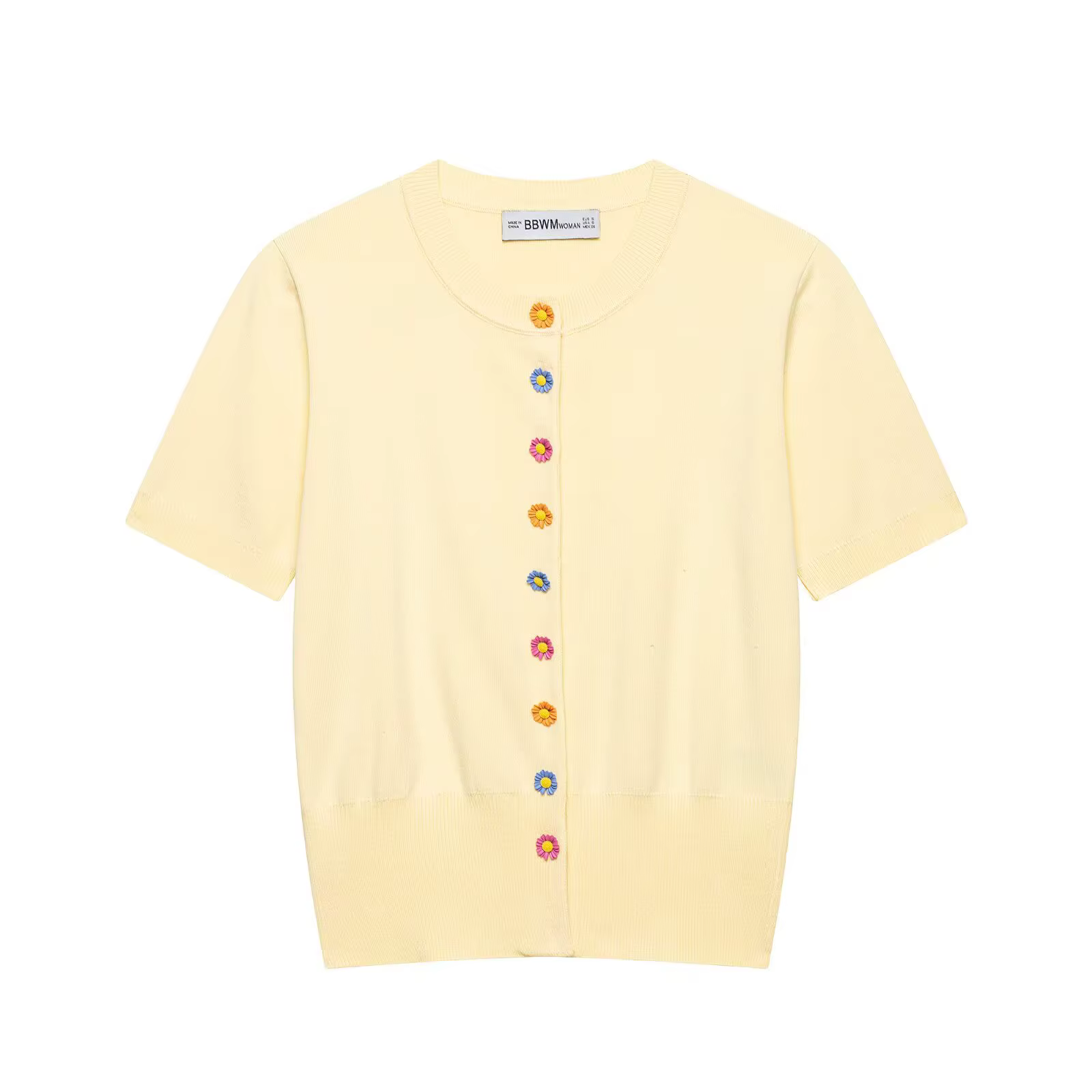 T-shirt jaune à col rond et manches courtes pour femme, motif floral coloré, tricoté, décontracté, p