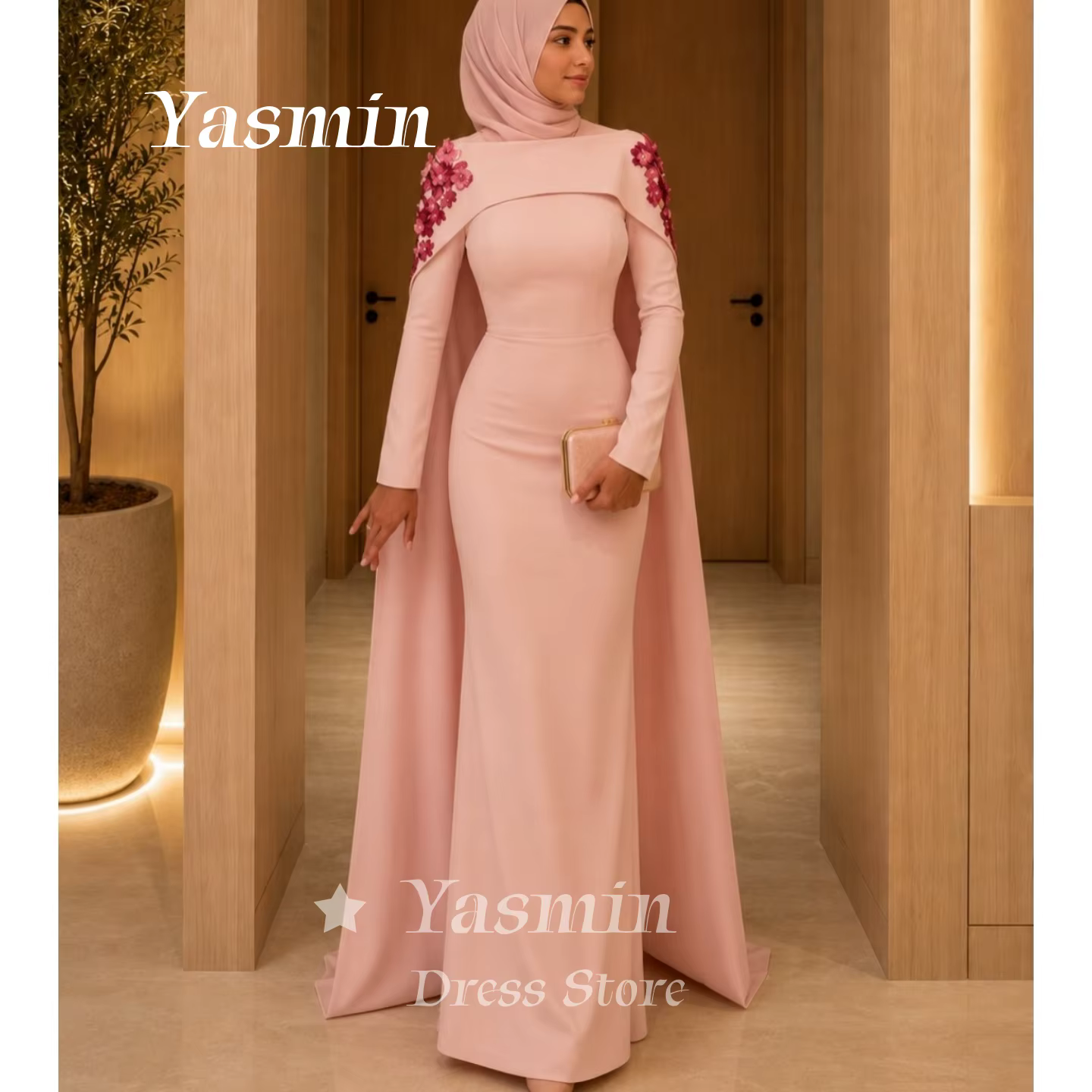 Robe de bal musulmane rose, robe de soirée florale 3D, robe de mariée sirène à manches longues pour 