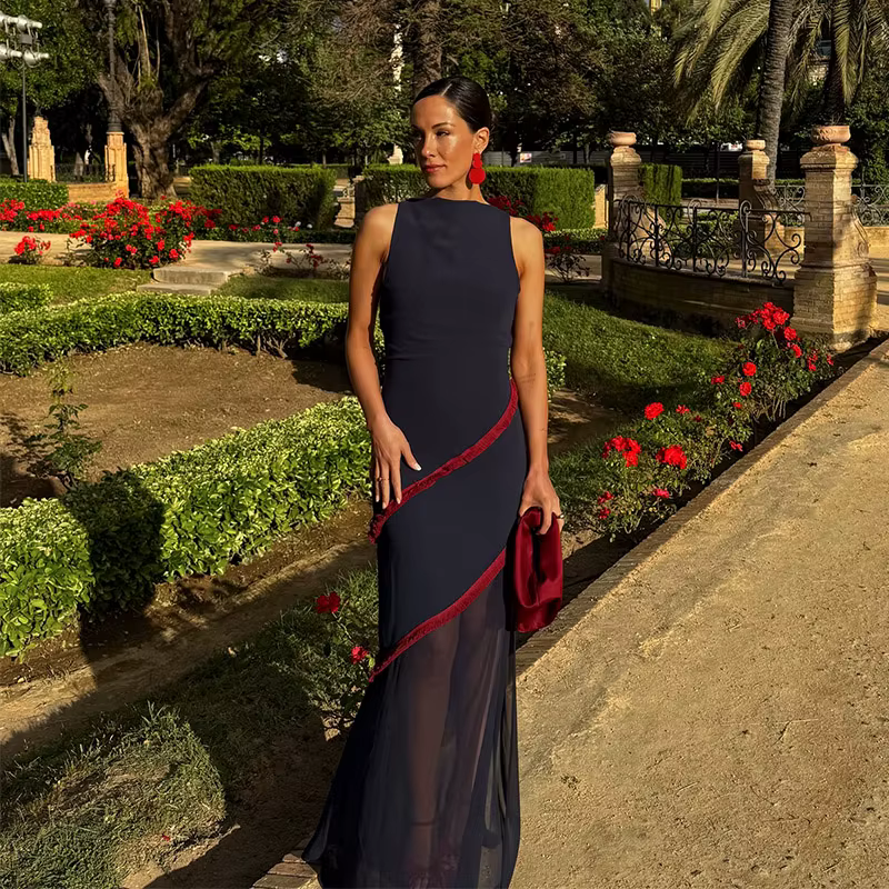 Robe longue à rayures élégantes, dos nu, couleur contrastée, Slim, col rond, sans manches, Robes de