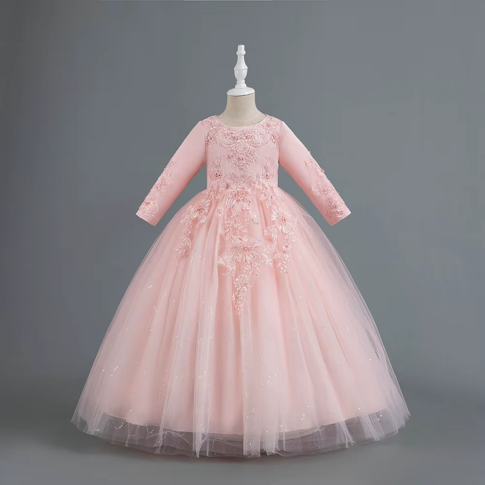 Robe formelle pour filles de fête élégantes, vêtements de cérémonie brodés à manches longues pour fi