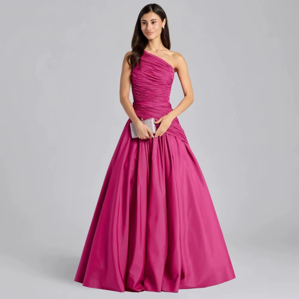 Robes de soirée fuchsia pour femmes, asymétriques à une épaule, plissées, grandes tailles, coupe tra