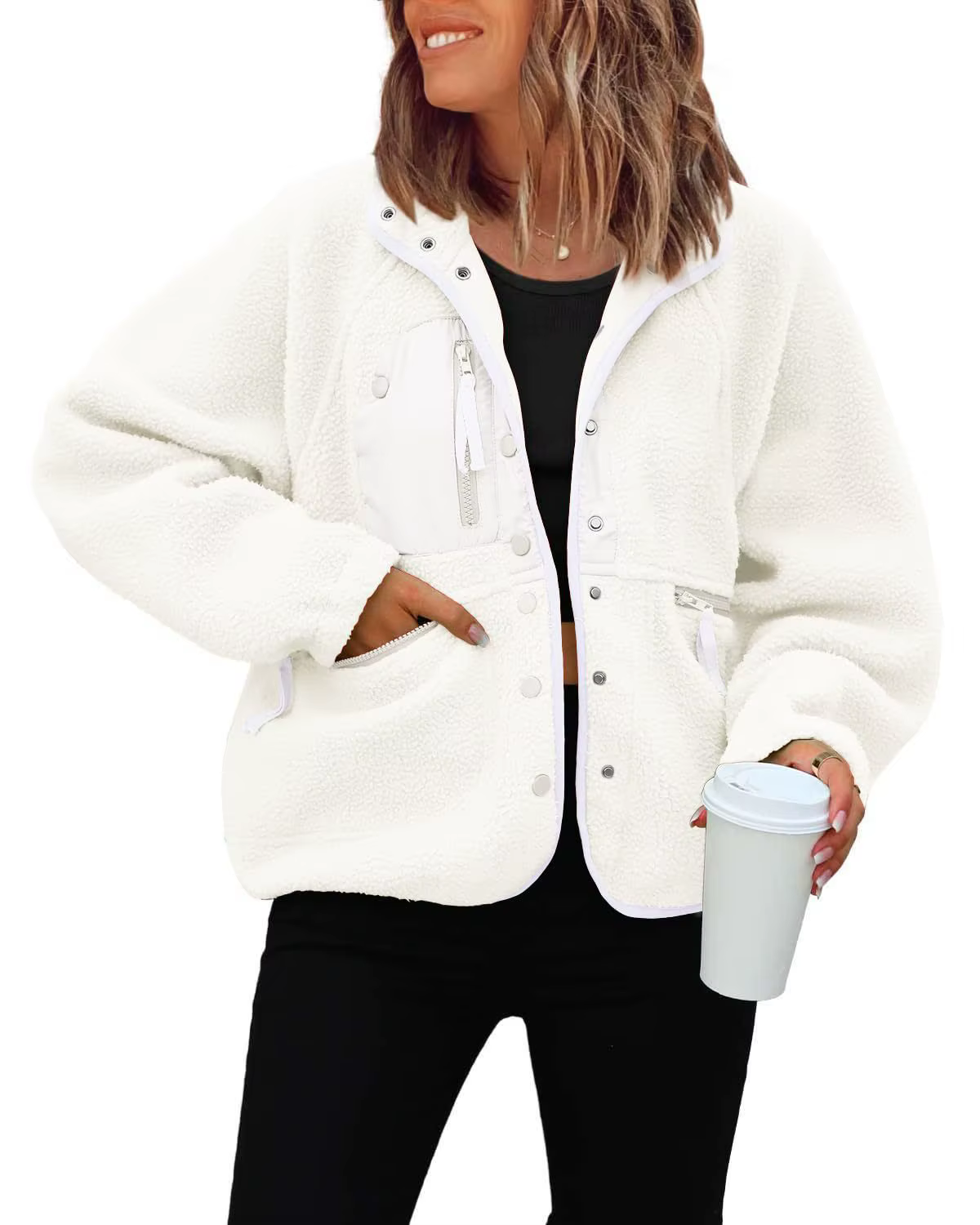 Veste polaire floue pour femme, manteau d'automne décontracté à manches longues, court boutonné, vêt