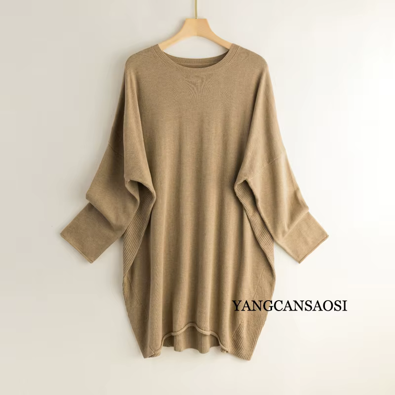 Pull en cachemire de soie pour femmes, col rond, couleur unie, bas, haut mi-long, manches chauve-sou