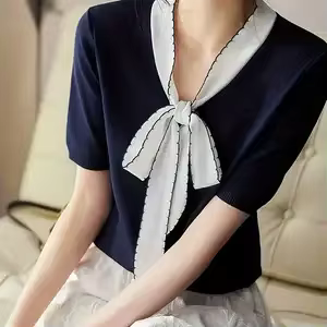 Haut en tricot d'été style Chanel français pour femme, col en V avec nœud, coupe ajustée, manches co