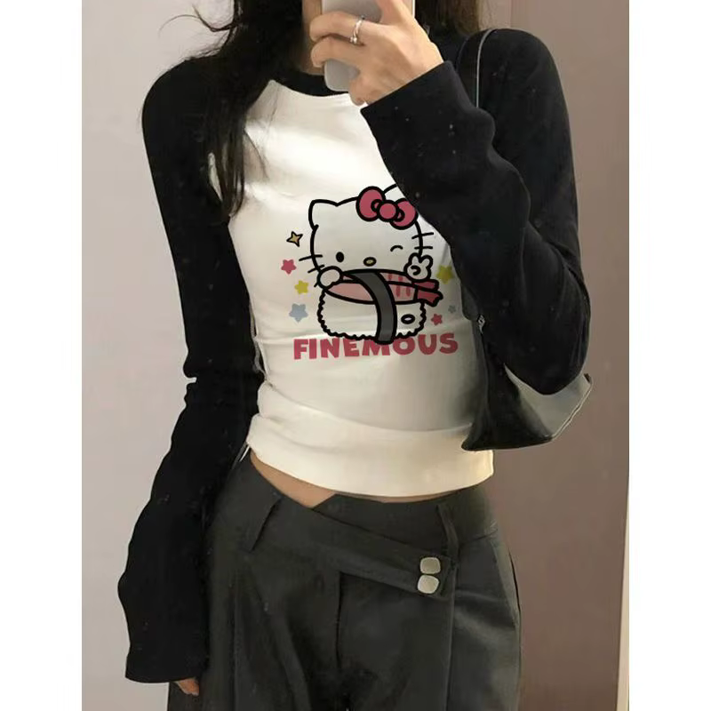 Dessin animé Hello Kittys T-Shirt à manches longues pour les femmes mignon imprimé hauts printemps a