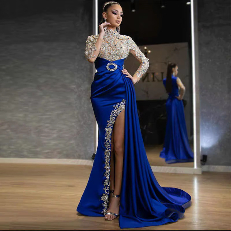 Robe longue épissée en dentelle bleue, Sexy, col rond, Style élégant, tissu Polyester, manches longu