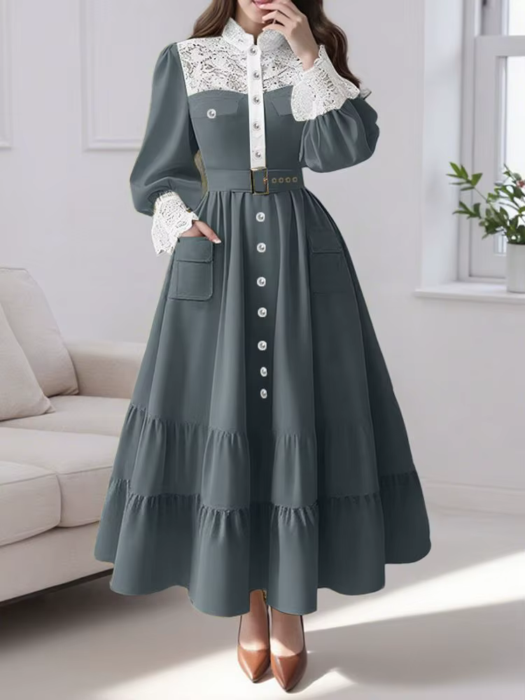 ZANZEA robes longues élégantes femmes automne col montant Robe Maxi mode dentelle Patchwork Robe de