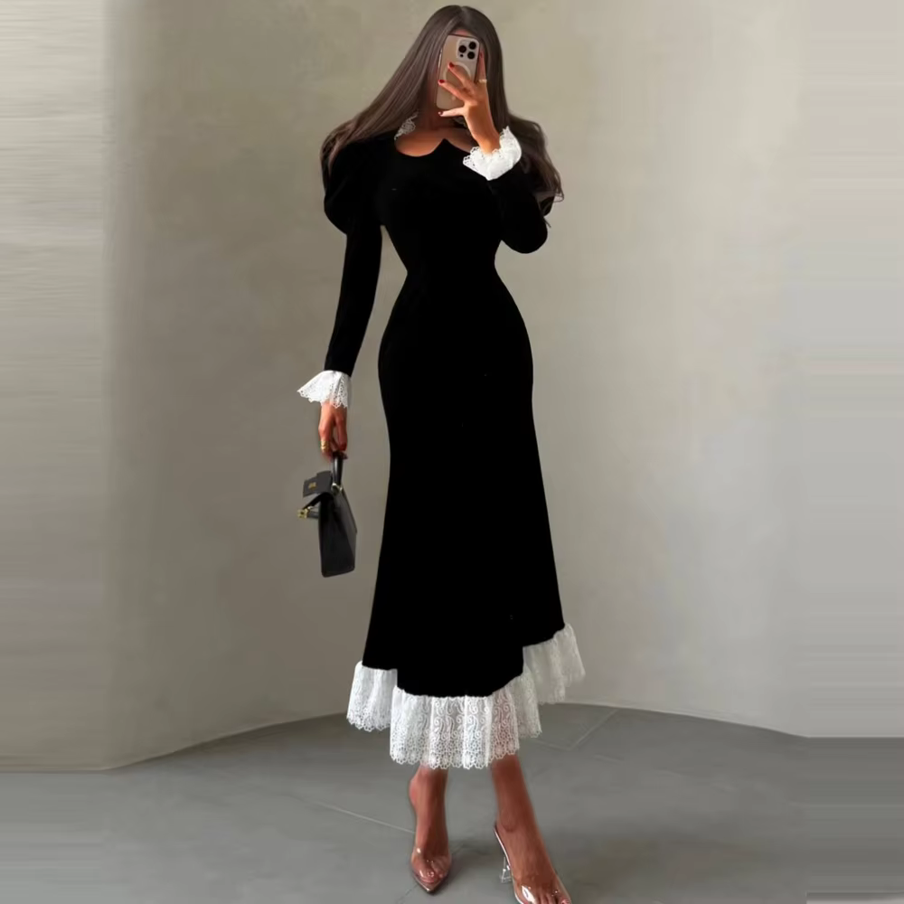 Robe de soirée midi élégante en velours noir pour femme, avec dentelle, manches longues, pour bal de
