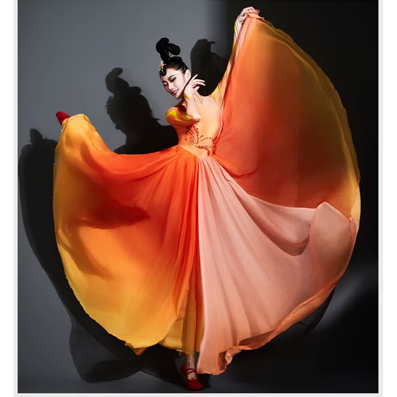 Longue robe de danse moderne chinoise orange pour femme, vêtements de performance de danse d'ouvertu