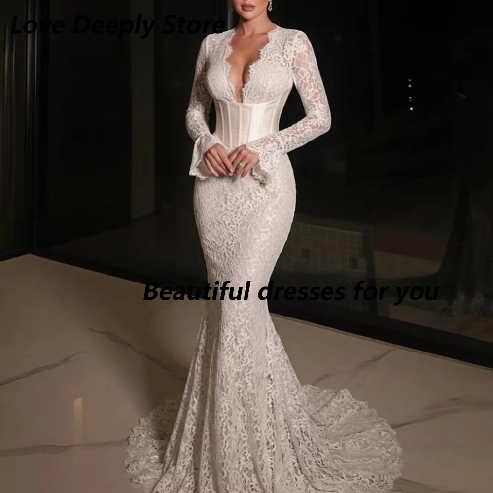 Robe de soirée sirène élégante, personnalisée, sexy, col en V, manches longues, robe de bal en dente