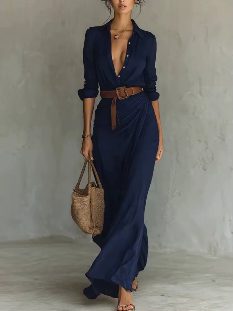 Robe longue kaki pour femme à col revers et manches longues, style chemise, ceinturée, drapée, fluid