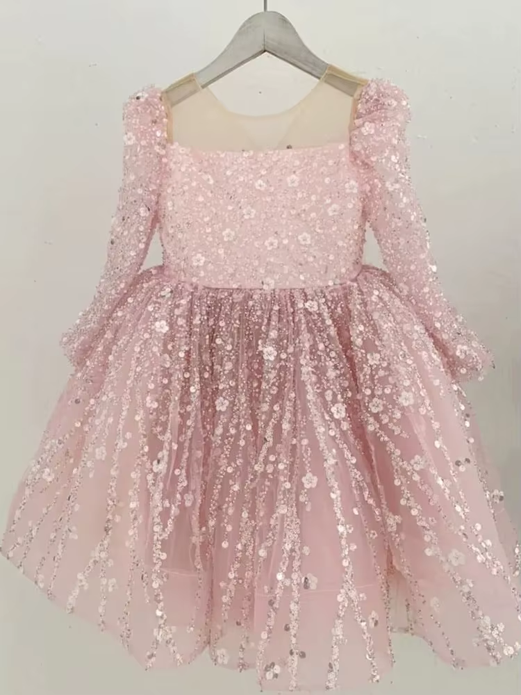 Robe de réveillon du nouvel an pour fille, manches longues, paillettes scintillantes, belle robe de