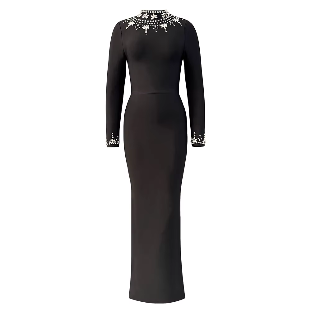 Femmes élégantes perles robe de pansement à manches longues vêtements célébrité soirée robes longues