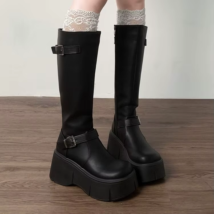 Bottes à tube long pour femmes, bottes de chevalier noires rétro françaises à semelles épaisses, nou