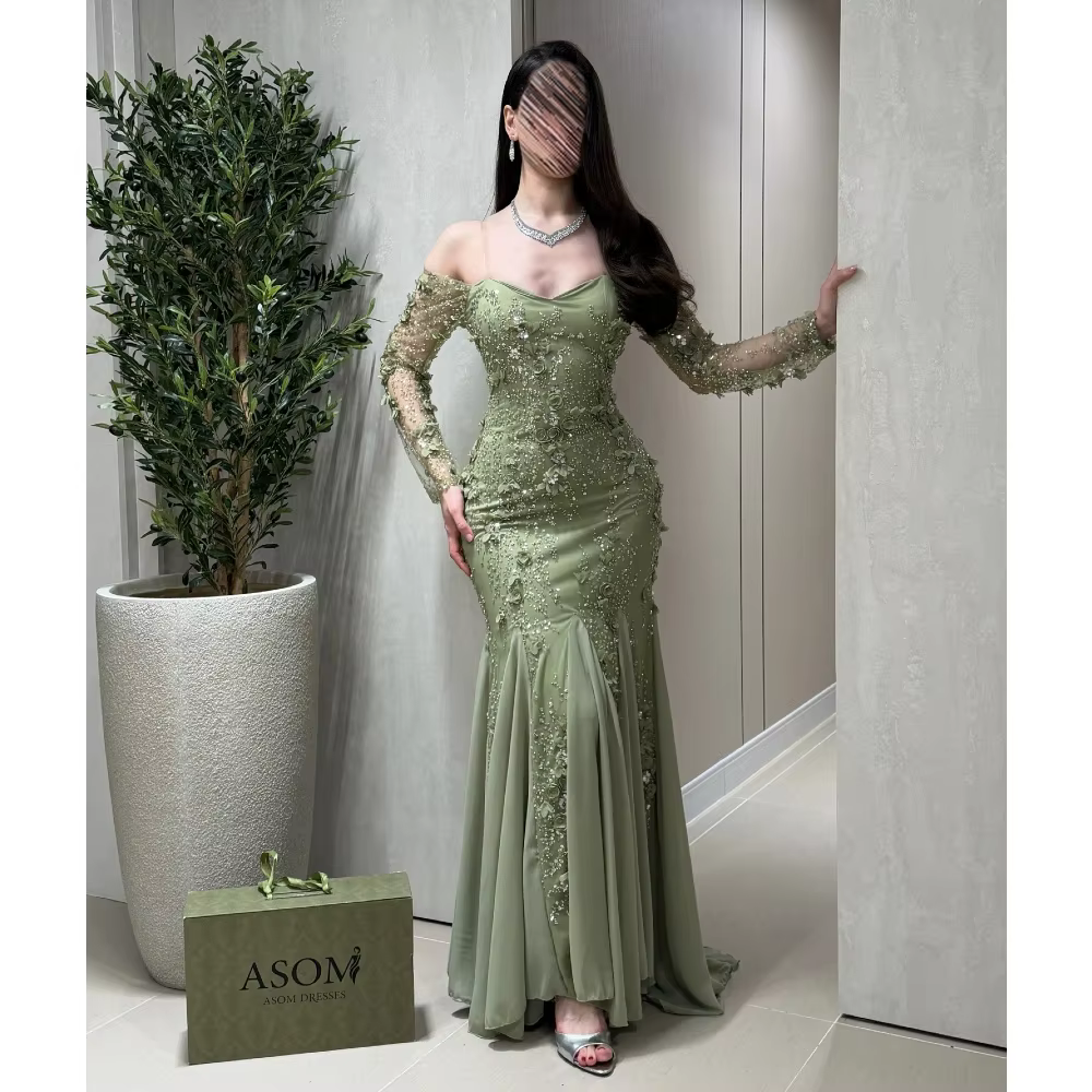 Robes de soirée sirène vert sauge, épaules dénudées, magnifiques robes de bal en dentelle, manches l