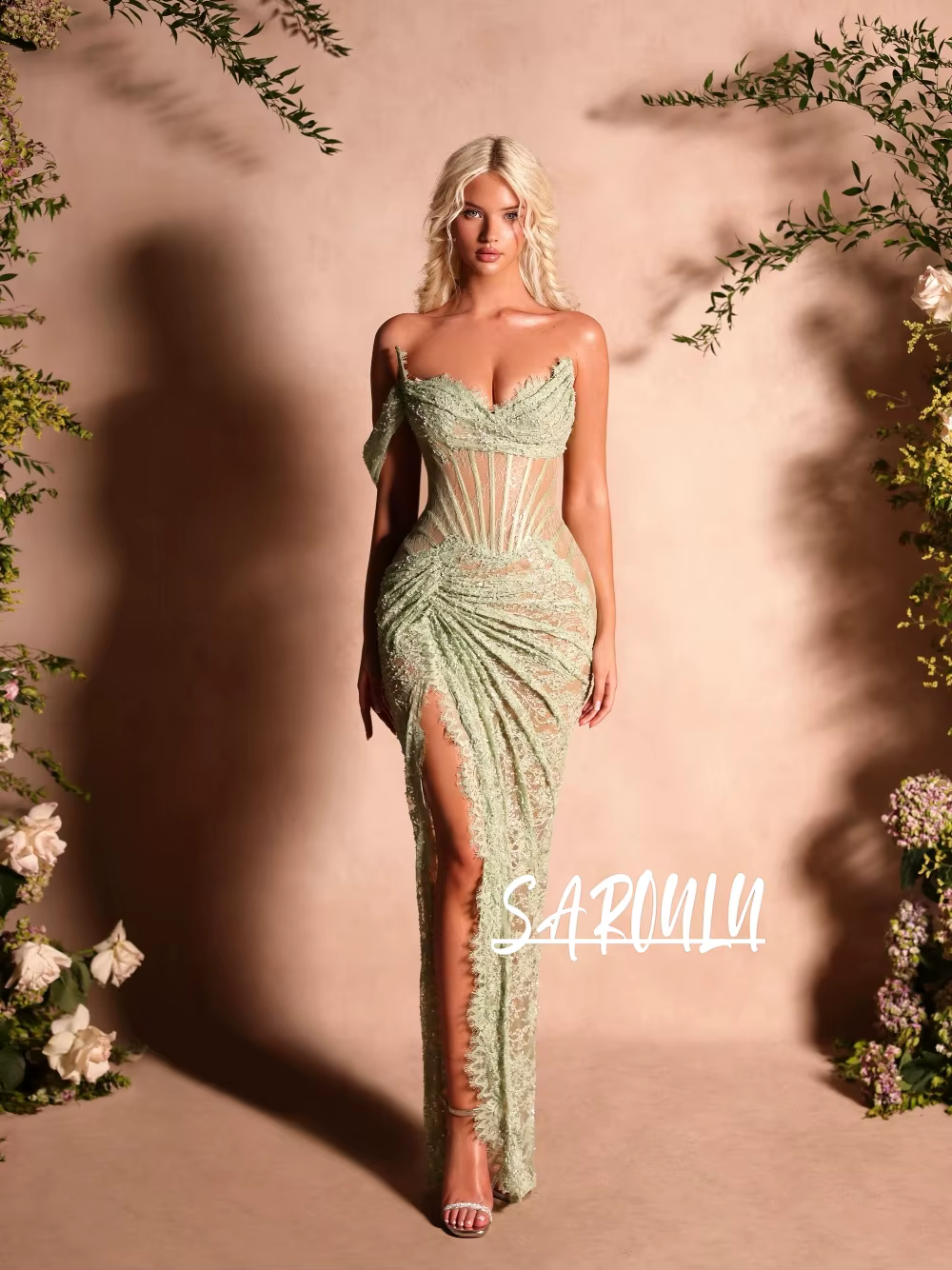 Robe de soirée de luxe vert sauge en dentelle, style corset, asymétrique à une épaule, sexy, avec fe