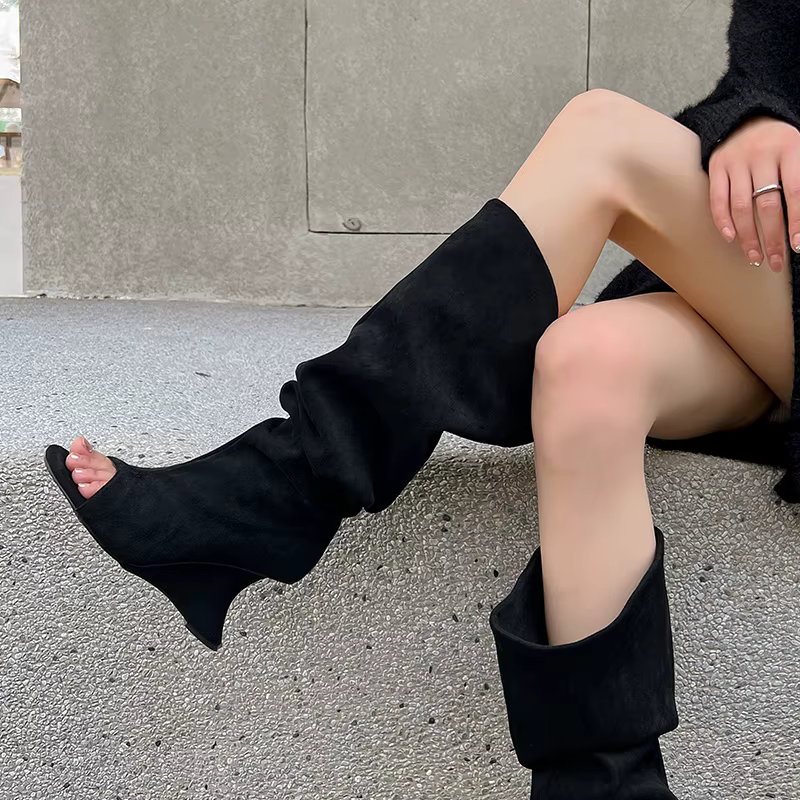 Peep Parker-Bottes hautes à l'offre elles compensées pour femmes, bottes longues déformables, fermet