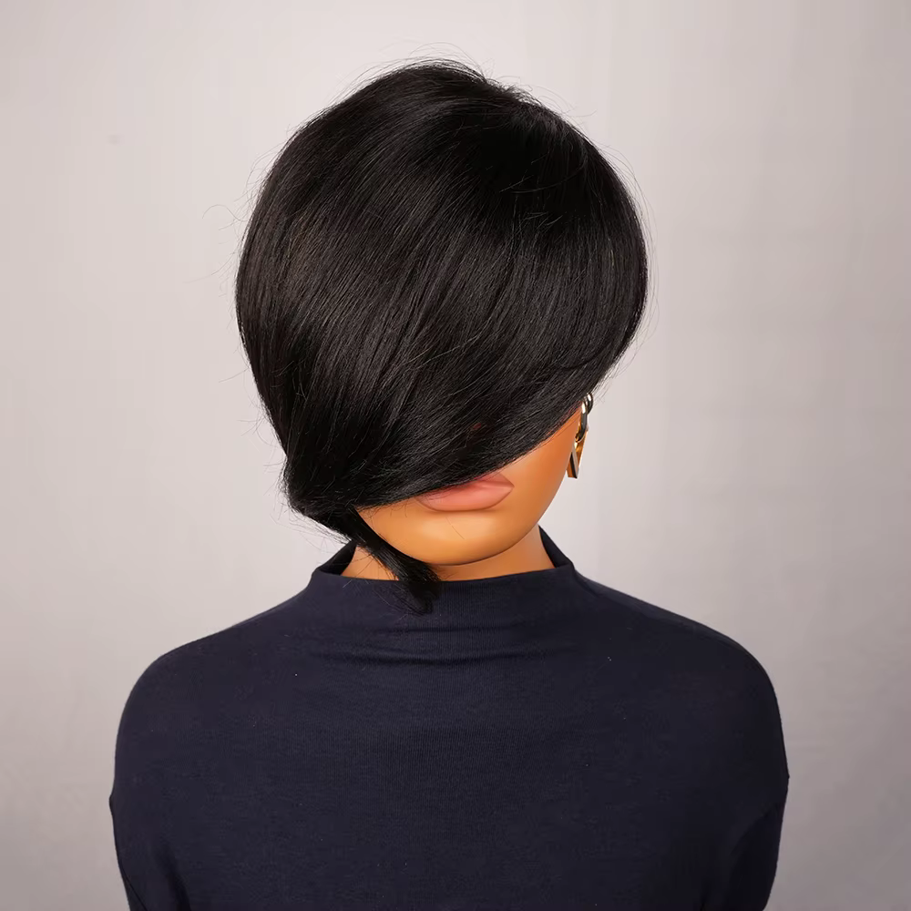 Perruque courte coupe lutin de cheveux humains, perruque superposée coupe lutin avec longue frange l