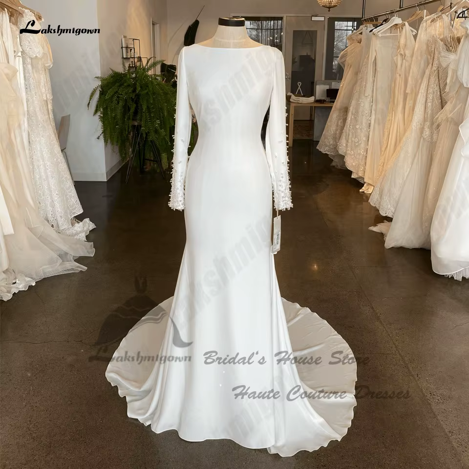 Lakshmigown luxe à manches longues crêpe robes de mariée personnalisé sirène plage robes de mariée d