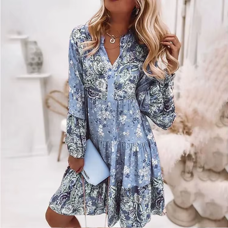 Robe trapèze imprimée à manches longues pour femmes, élégante, plissée, décontractée, robe patineuse