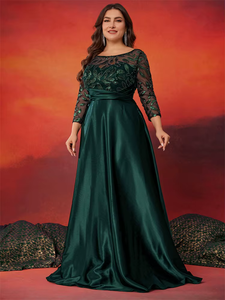 Lucyinlove grande taille col rond élégant vert paillettes robe de soirée de luxe à manches longues f