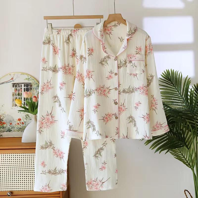 Ensemble pyjama doux et mignon à manches longues pour femmes, en coton, Double couche, pantalon Long