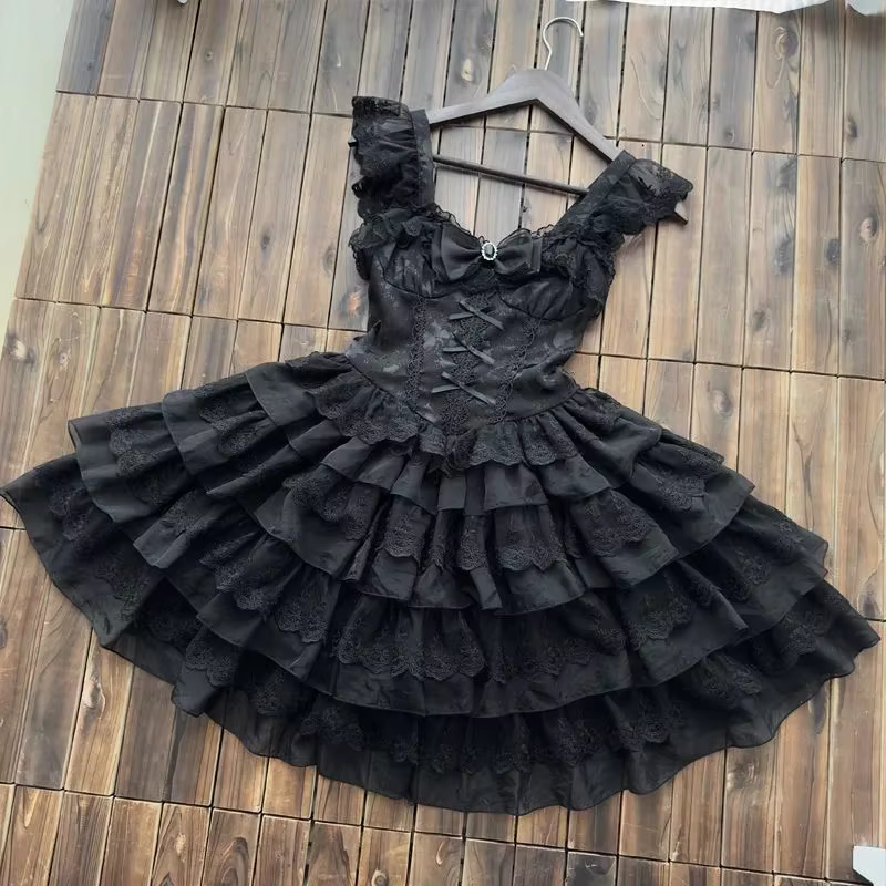 Robe de princesse japonaise Lolita Jsk pour femmes, mini robes, nœud doux, volants en dentelle, robe