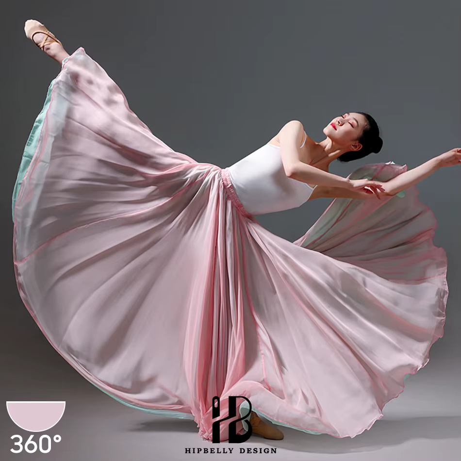 Jupe longue en mousseline de soie pour femme, double couche, 720 degrés, pour danse classique et fol