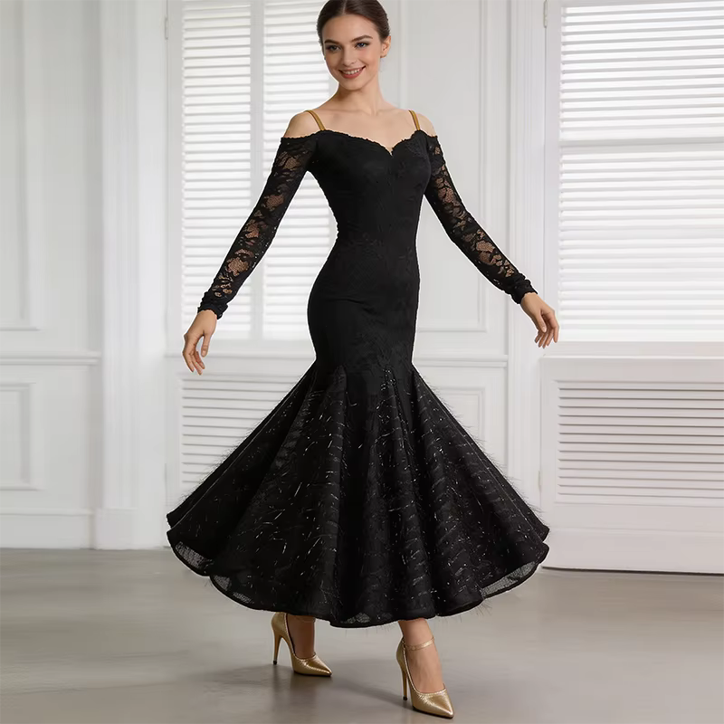 Robe de danse de salon noire à manches longues pour femmes, décolleté épaules dénudées, costumes de