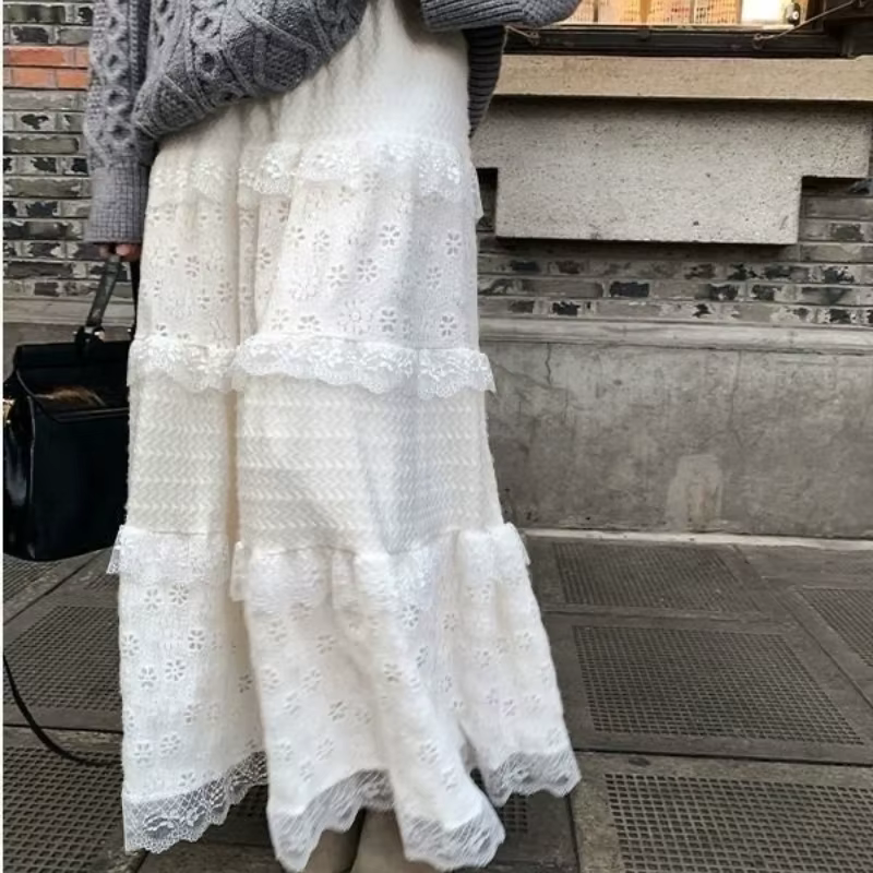 Jupe épissée en dentelle, nouvelle jupe mi-longue polyvalente, taille haute, Design Slim, gâteau dou