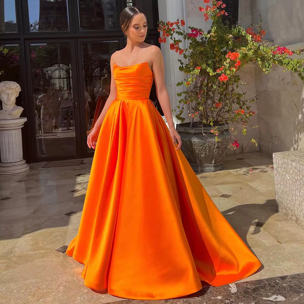 Robe de Rhlongue en satin orange pour femme, ligne A, sans bretelles, robe simple, dos nu, formelle 