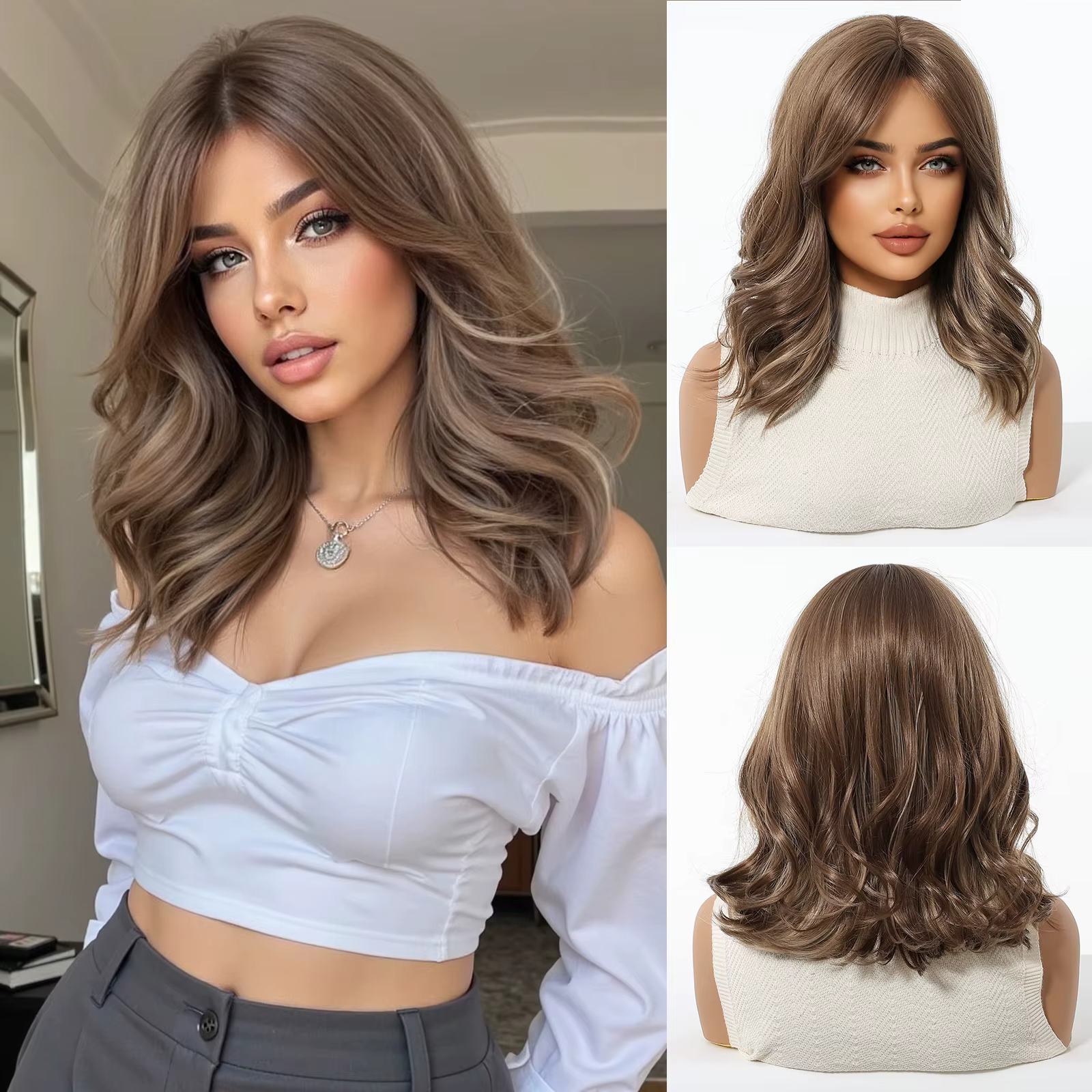 Perruque synthétique bouclée marron gingembre mi-longue avec frange avec raie moyenne, faux cheveux