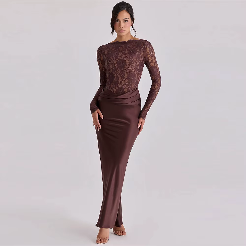Robe de soirée personnalisée à col rond et manches longues, robe de cocktail sirène en dentelle, hau