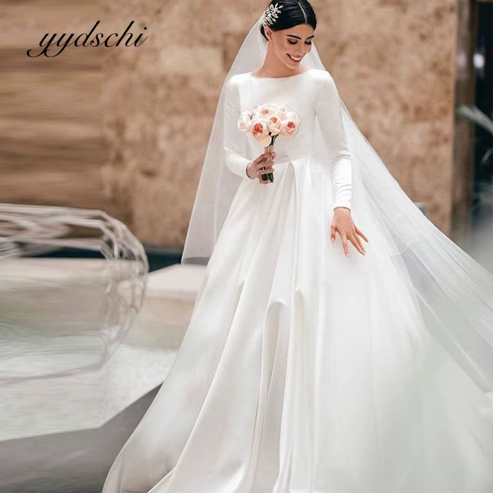 Robes de mariée musulmanes à manches longues pour femmes 2026 – Élégantes robes de mariée simples en