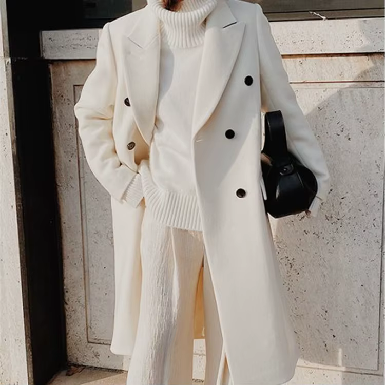 Veste de costume longue en laine pour femmes, automne et hiver, col à revers, Double boutonnage, cou