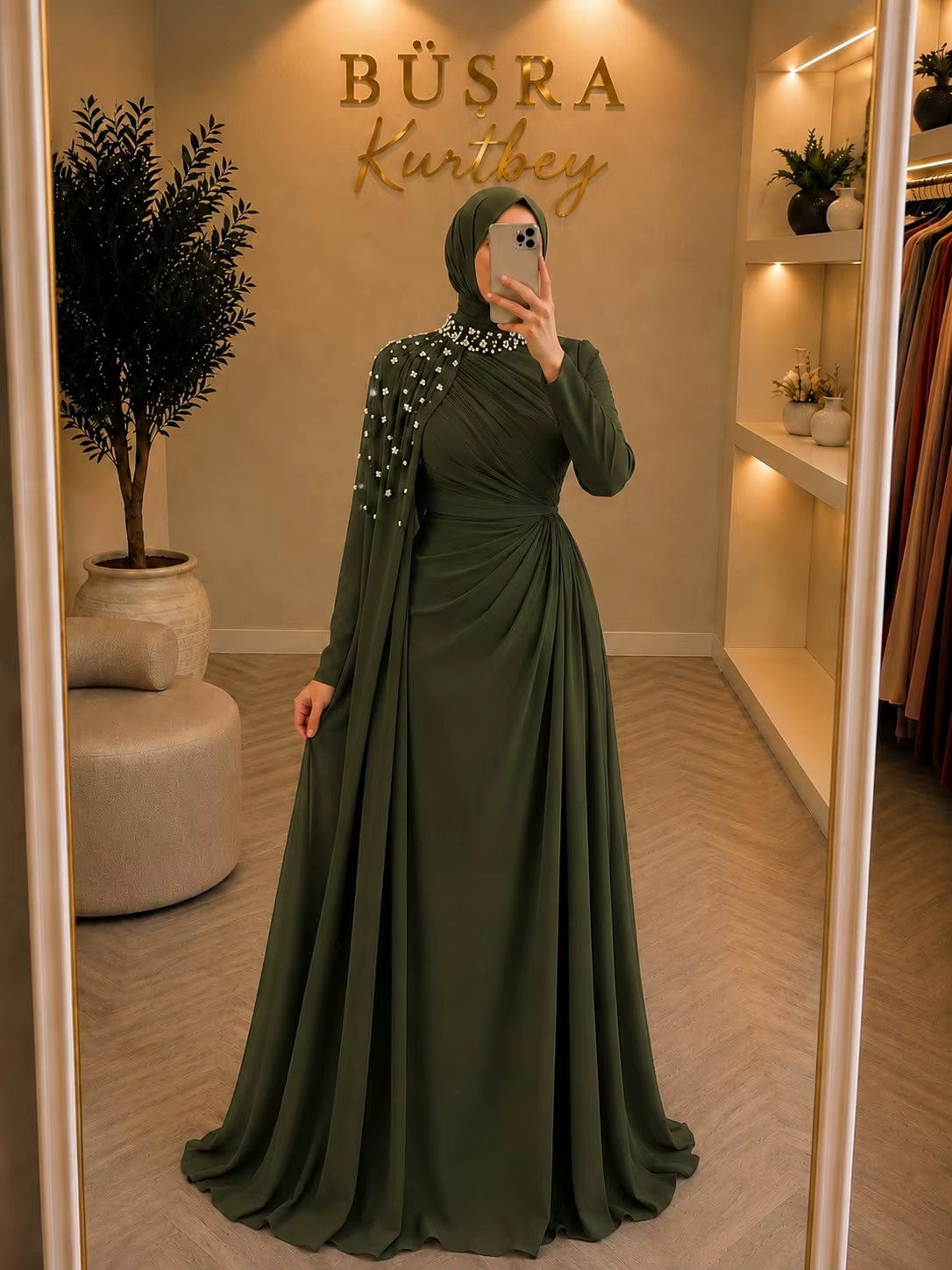 Robes de bal personnalisées bleu marine à manches longues, col rond kaki, robes de soirée formelles,