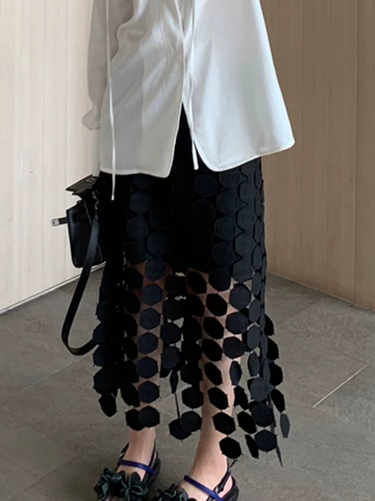 GALCAUR – jupe mi-longue élégante à pois pour femmes, avec des franges, taille haute, couleur unie,