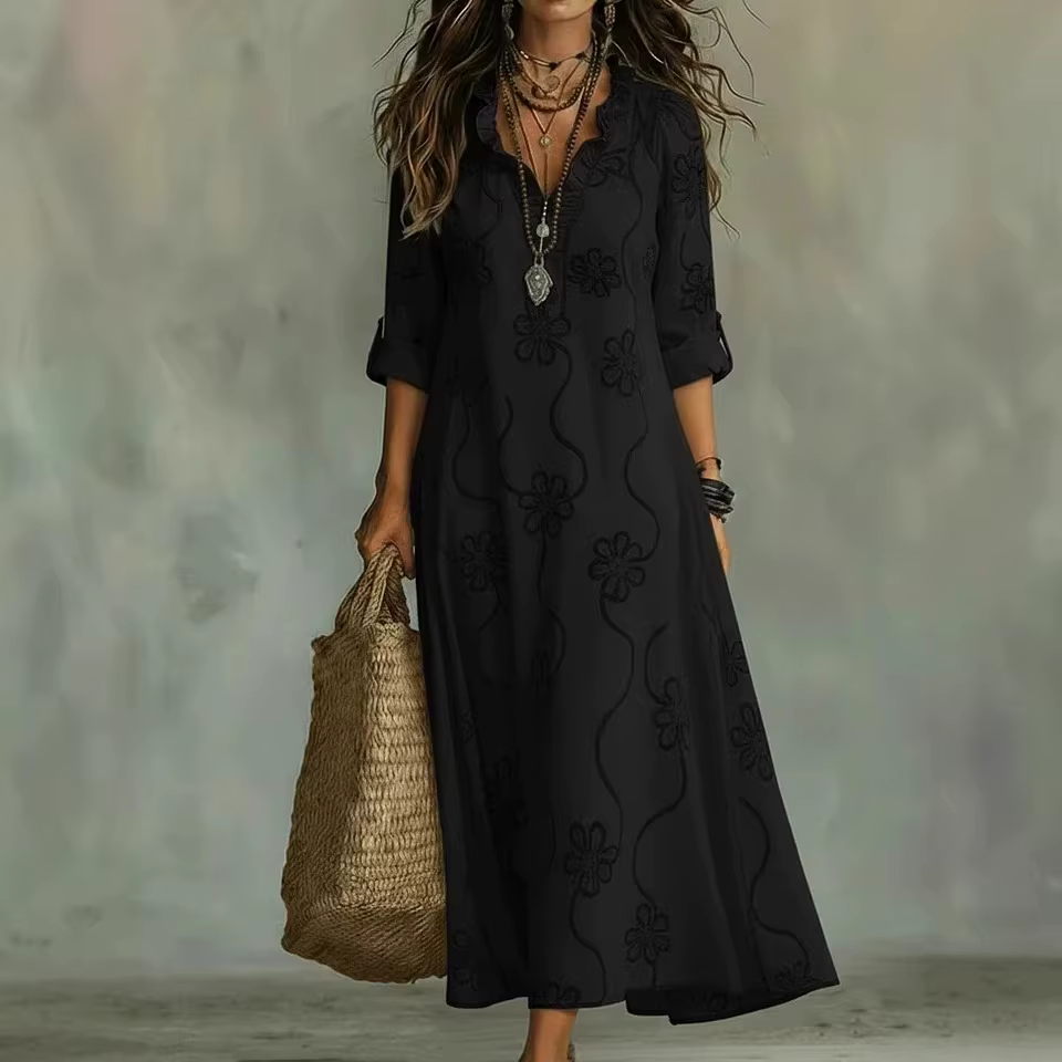Robes Formelles Femme – Robe Longue Polyvalente Imprimée à Col en V et Manches Longues en Dentelle, 