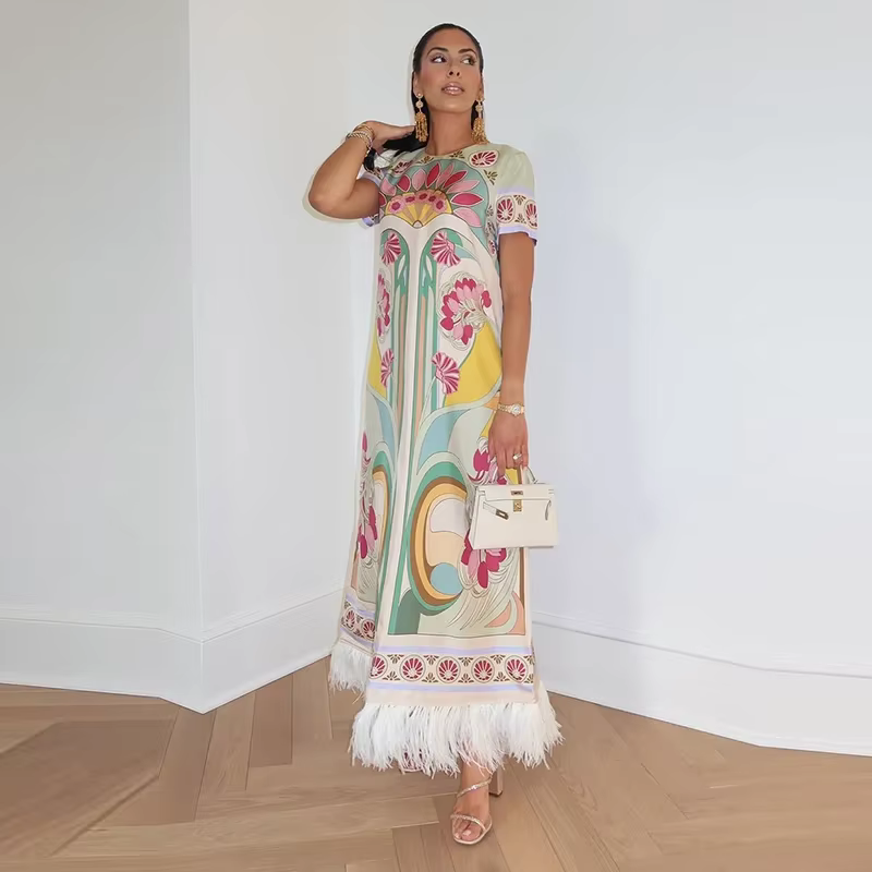 Robe longue décontractée imprimée à motifs plumeux pour femme, col rond, manches courtes, coupe ampl