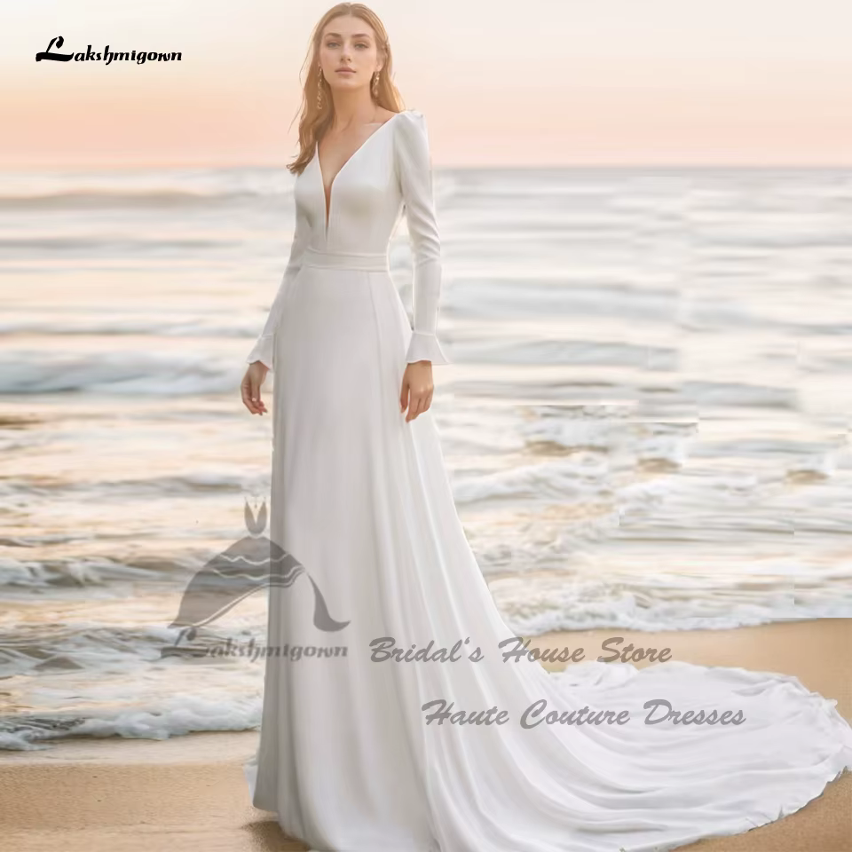 Yanshmigown-Robe de Mariée en Crêpe à Manches sulf, Simple, Personnalisée, Sexy, Éducative, Col en V