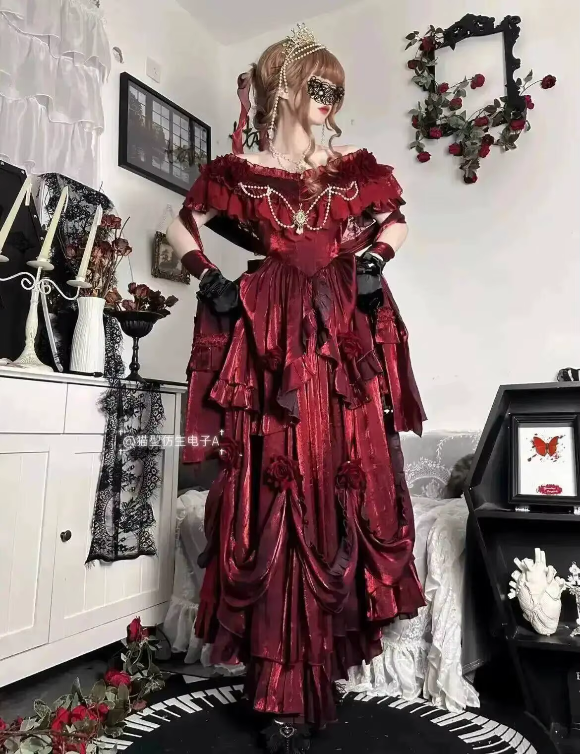 Robe de Princesse Lolita Longue et Élégante, Jupe Rouge à Fleurs, Tenue de Passion